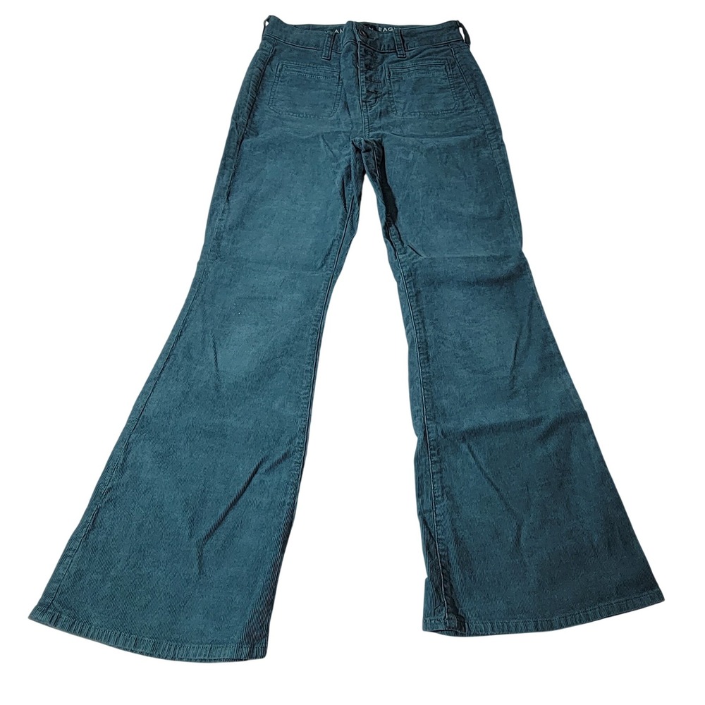 American Eagle Super Hi-Rise Flare Corduroy Pants Teal Green Womens 4 Short